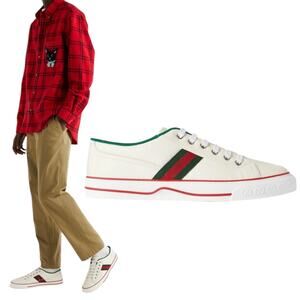 Gucci GG 1977 Tennis Sneakers Lace Up Web White Leather Men Size 12.5/ 13